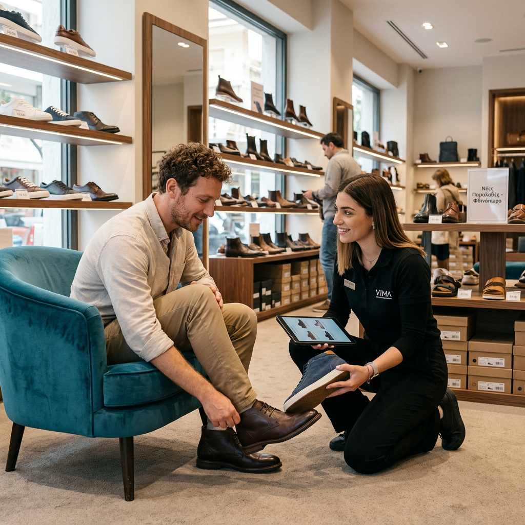 Sales associate assisting customer with trying on dark brown boots in shoe store